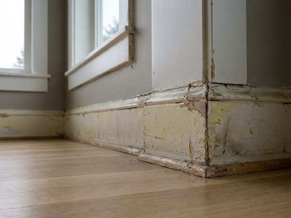 Dated flat baseboard and open door miters before, service example